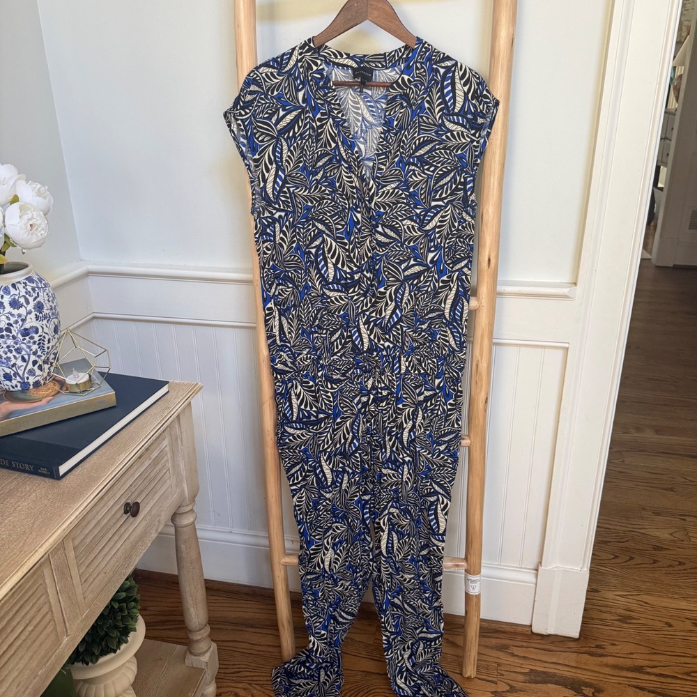 Berenice Milena Blue Leaf Print Viscose Jumpsuit Womens Large Cap Sleeve V-Neck